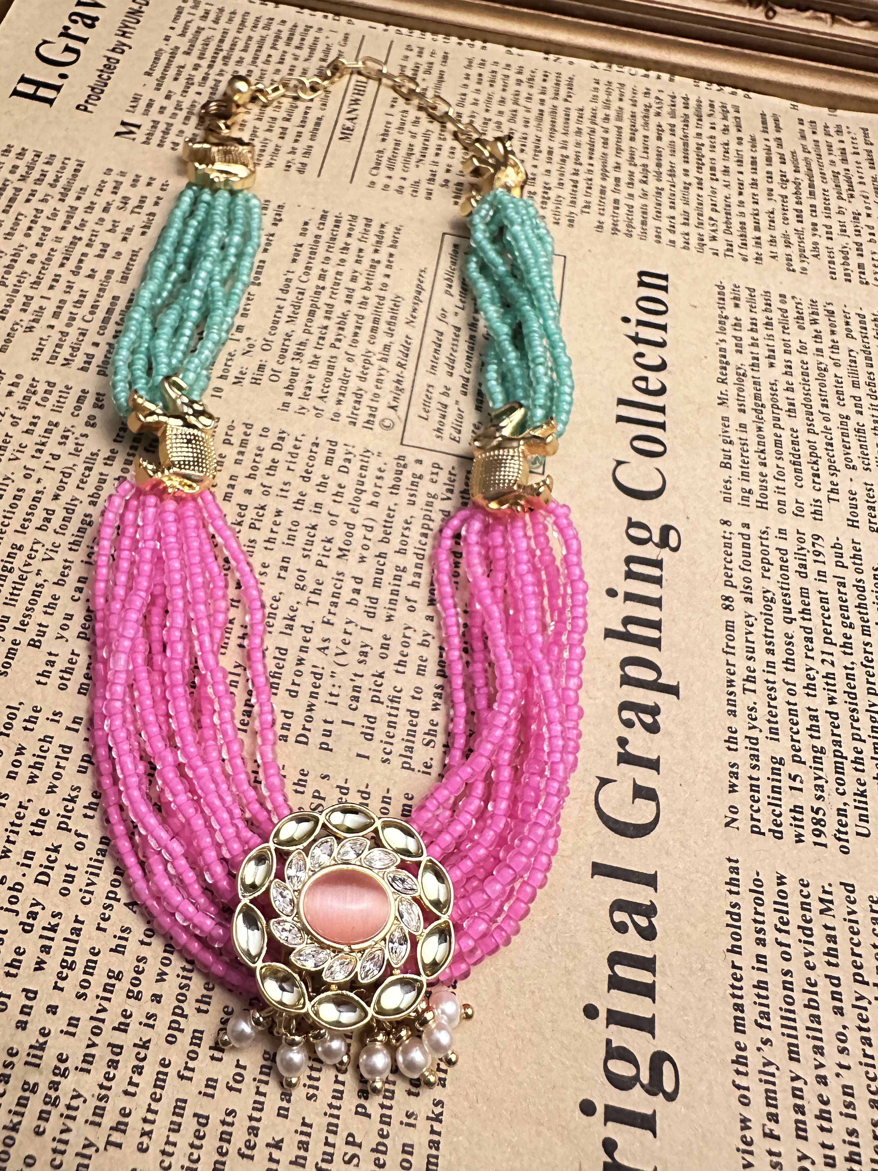 铜合金吊坠 中古镀金粉色绿色小米珠撞色多层项链 N29942