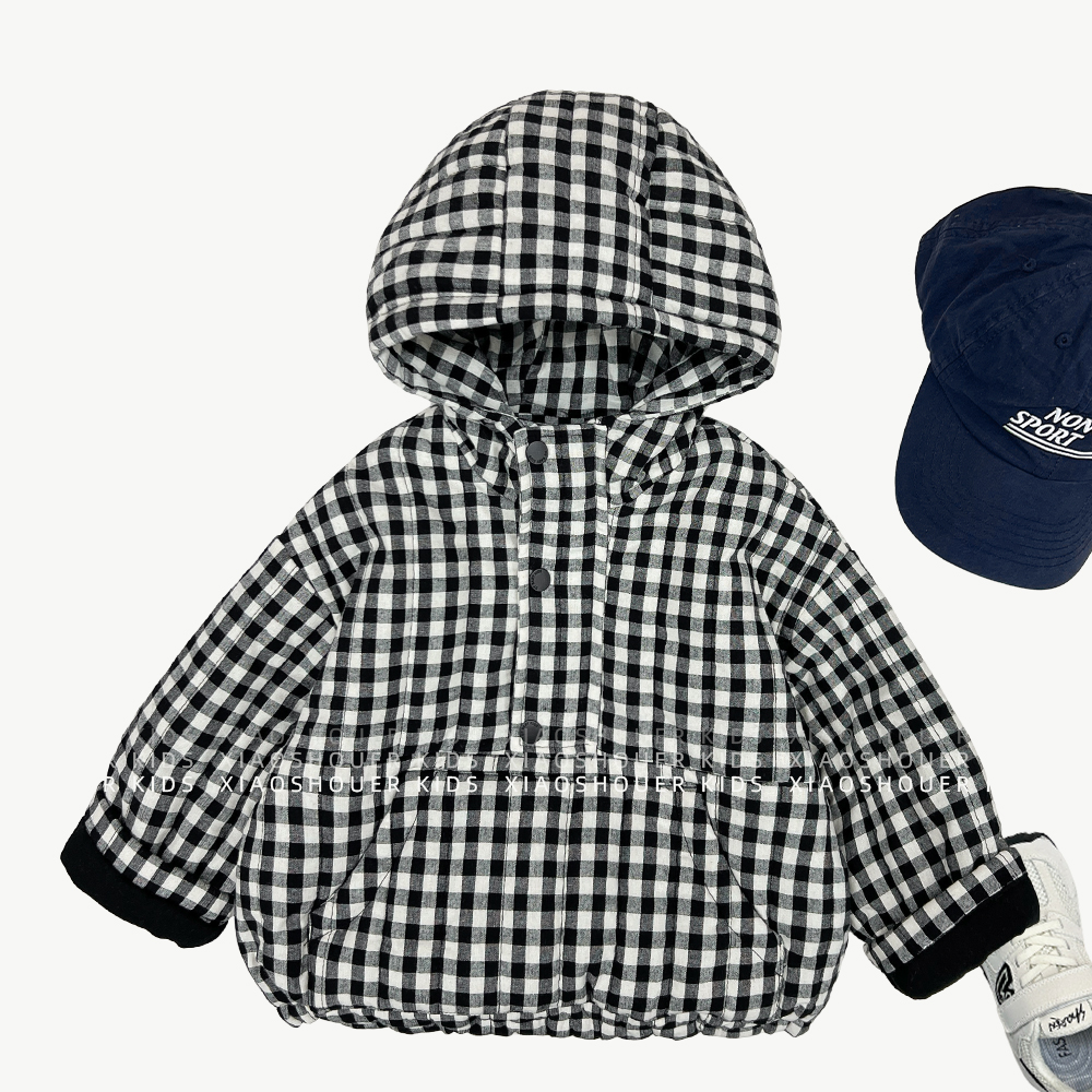 【小首尔】原版-现货-冬季男女童宽松加绒加厚格子连帽外套HBB8267