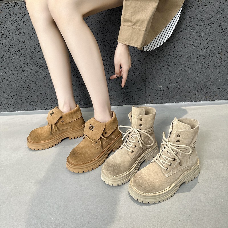 M家马丁靴 平跟复古系带百搭厚底休闲马丁靴女英伦风靴子潮流