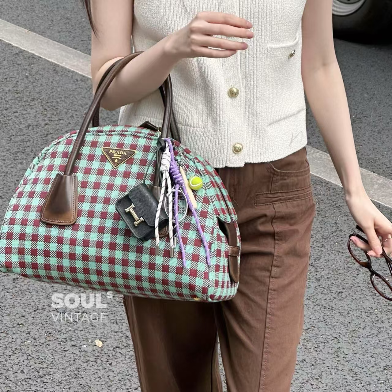 95新 Prada/普拉达 红绿格纹 帆布拼皮 保龄球大号/642577650