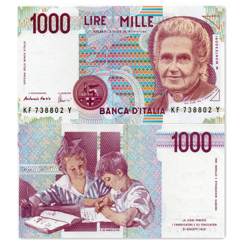 意大利1000里拉纸币 1990年 教育家蒙台梭利 欧洲外国钱币全新