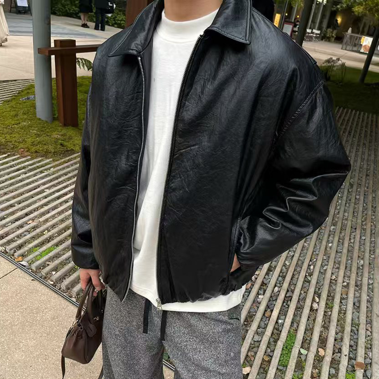 美式潮牌短款90白鸭绒PU皮羽绒服男冬季新款痞帅休闲皮衣夹克外套