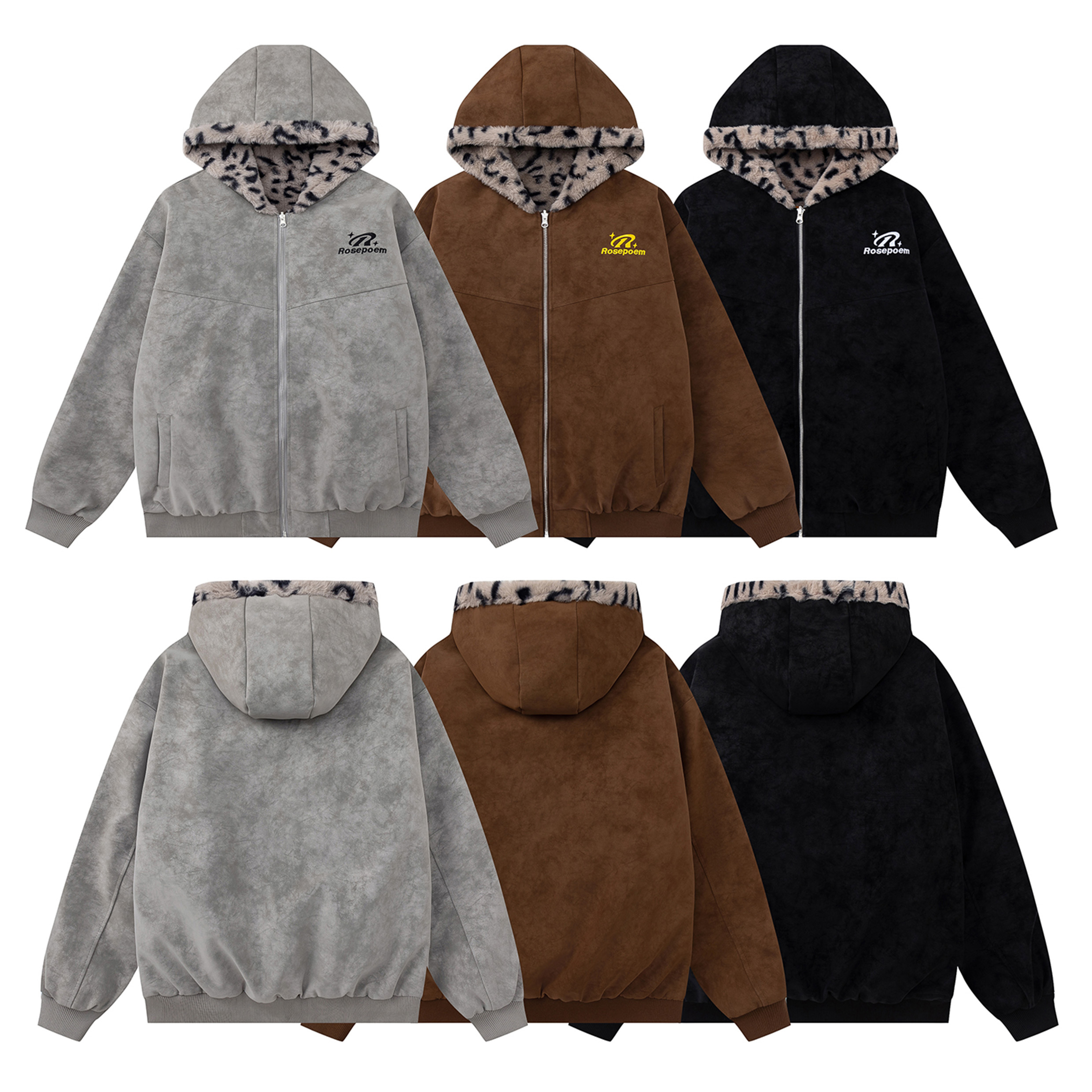 ROSE冬季百搭宽松PU皮座山豹加绒加厚双面穿短款夹克男女同款