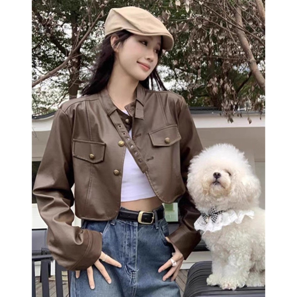 美拉德穿搭咖色皮衣外套女秋季2025新款美式短款pu皮夹克机车服潮