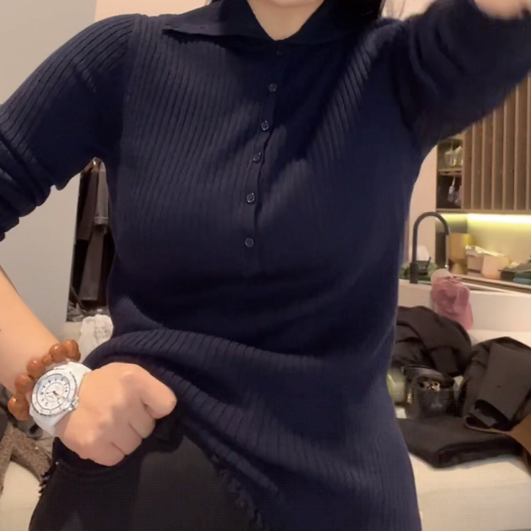 半开襟高领软糯弹力竖条纹修身打底针织衫女