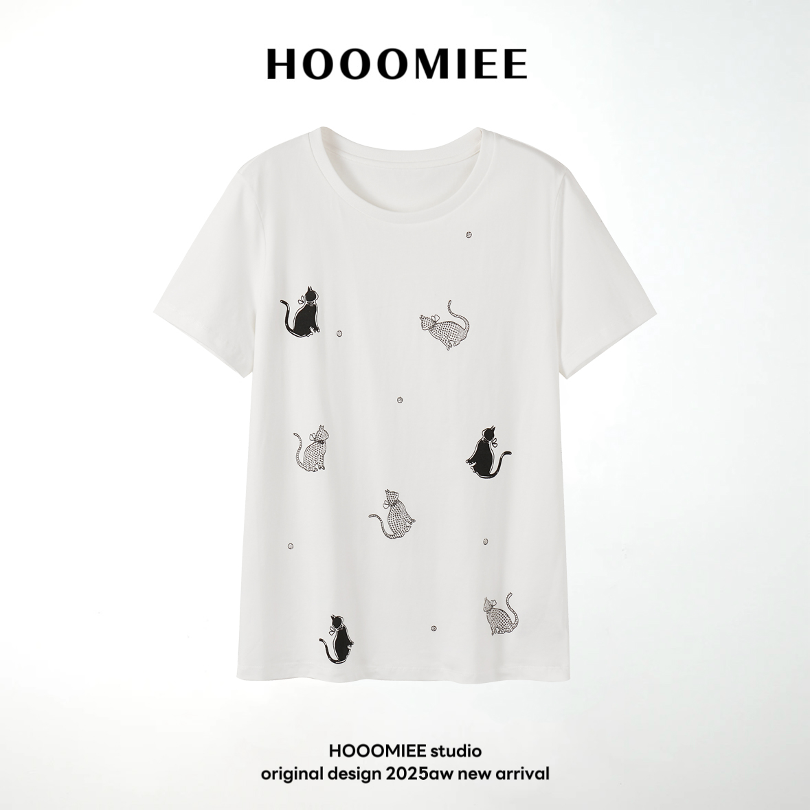 Hooomiee动物时尚白色T恤猫咪烫钻夏季女士休闲圆领短袖2025030