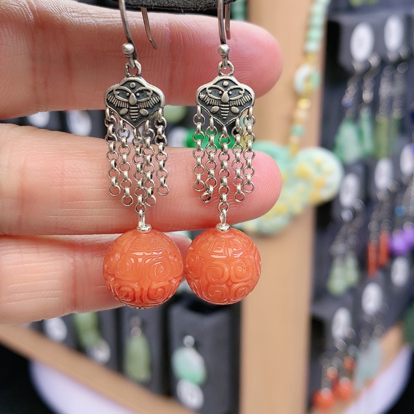 【闪购商品】南红玛瑙耳饰银S925镶嵌蝶*花精美