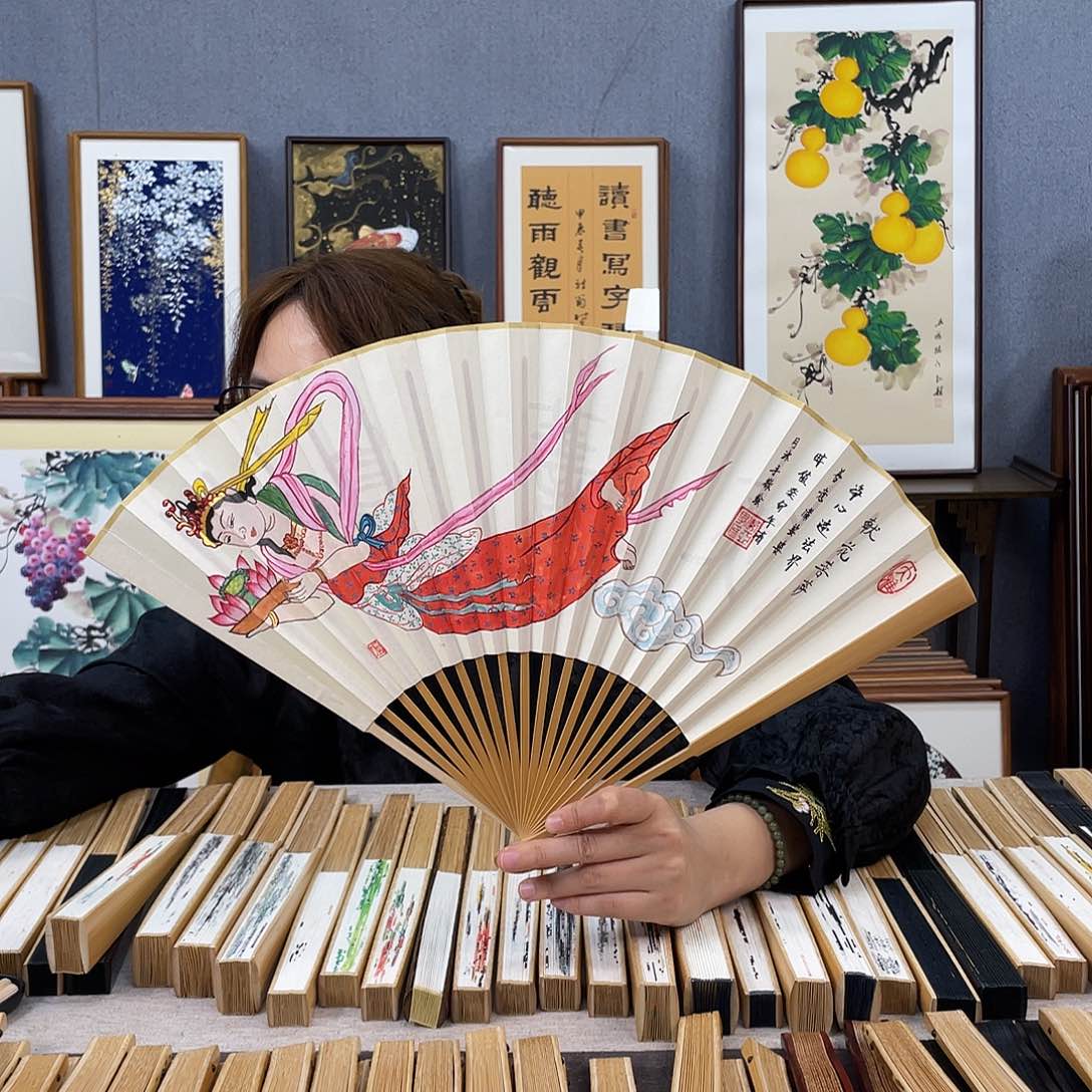 国画95寸玉竹-纯手绘-文玩扇骨（默认粘好）