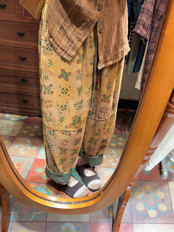 （自在）印花复古条绒拼亚麻休闲裤