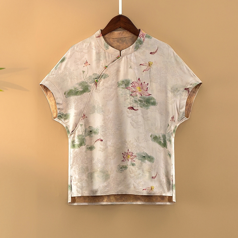 【舒荷】夏季2025新款上衣小衫新中式女装国风立领提花人丝短袖衬衫