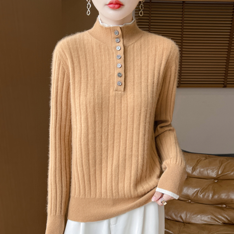 100%羊毛衫双层半开立领7扣坑条女百搭减龄针织打底套头衫