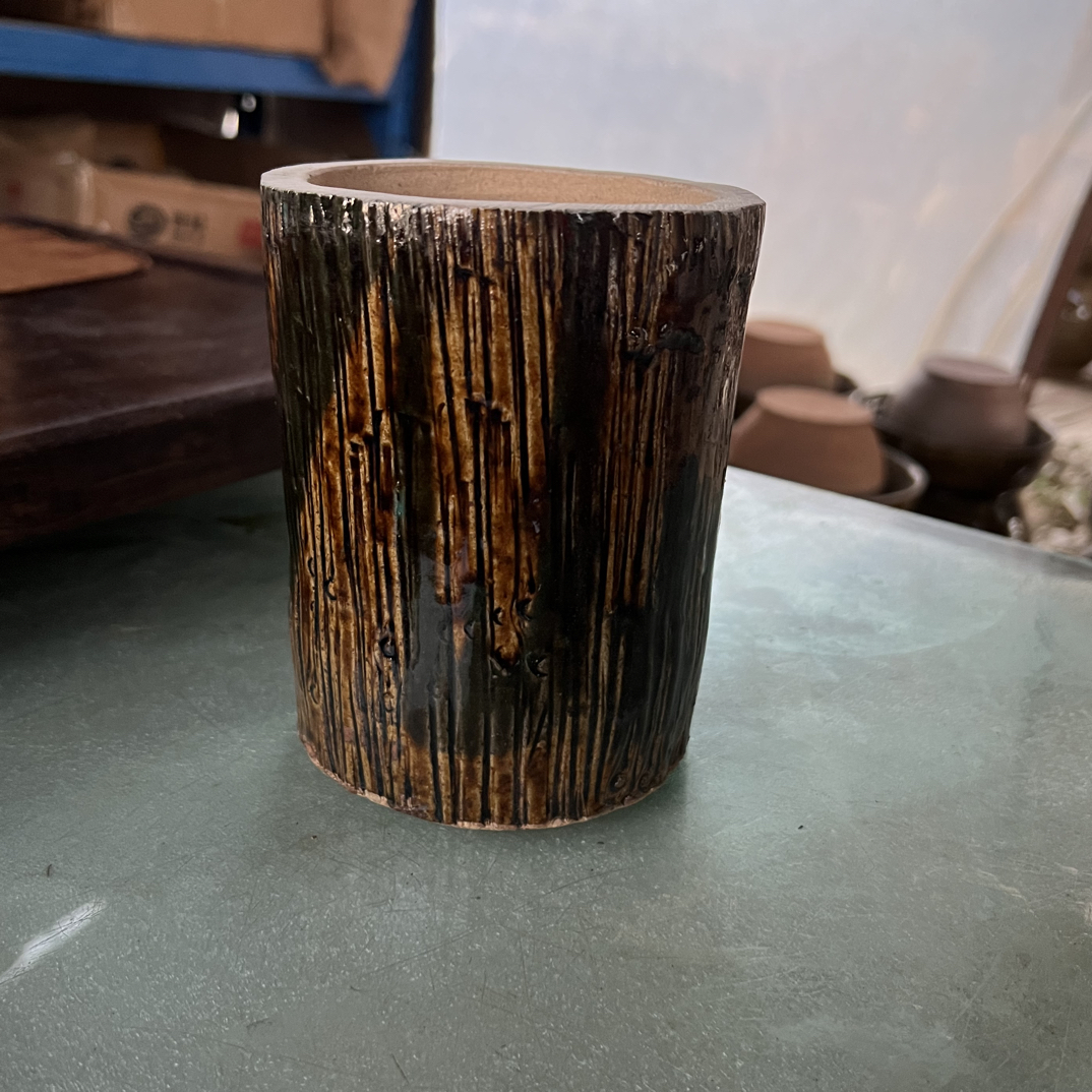 非遗手工柴烧粗陶釉变笔简插花罐