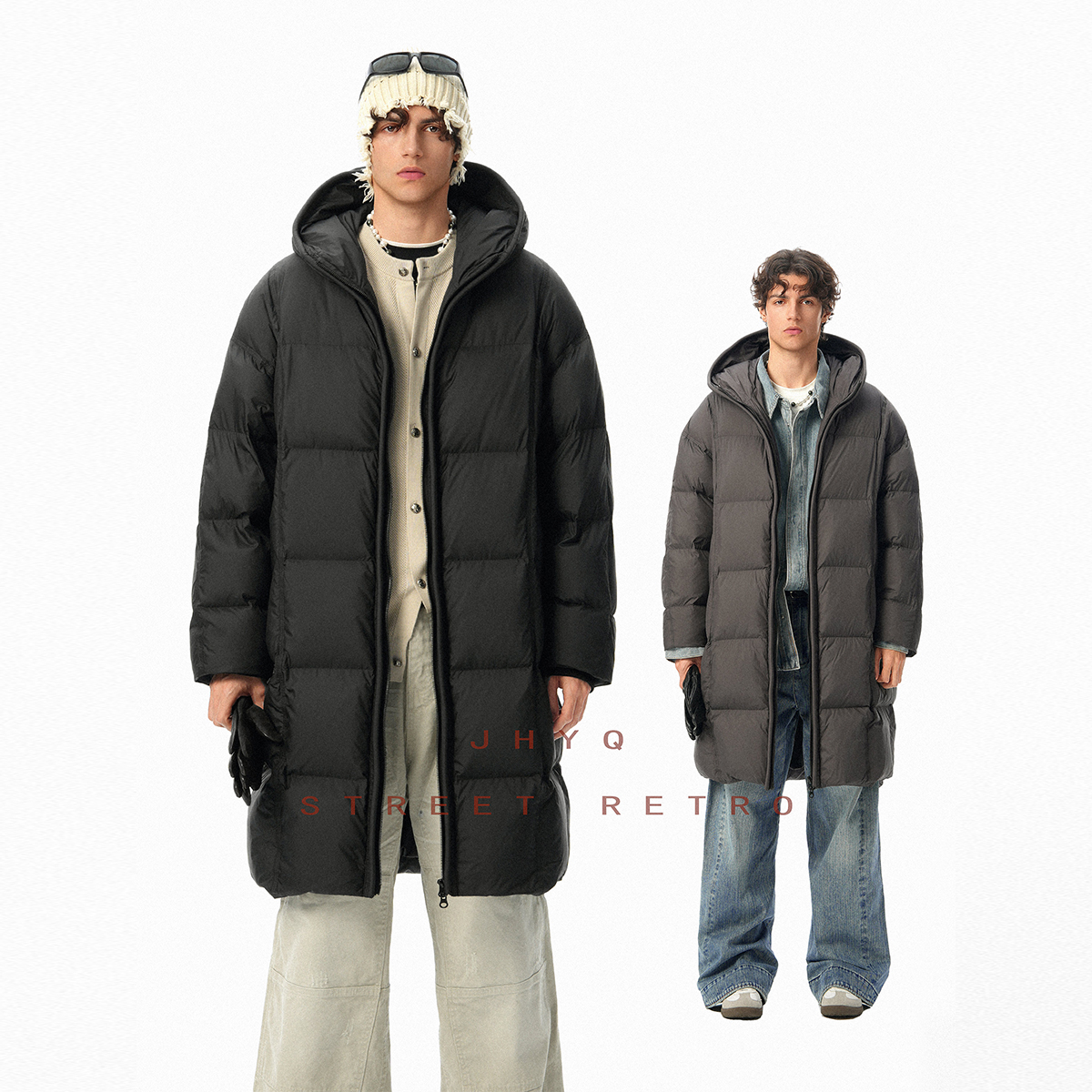 JHYQ美式中长款连帽羽绒服男冬季加厚保暖90白鸭绒面包服外套8311