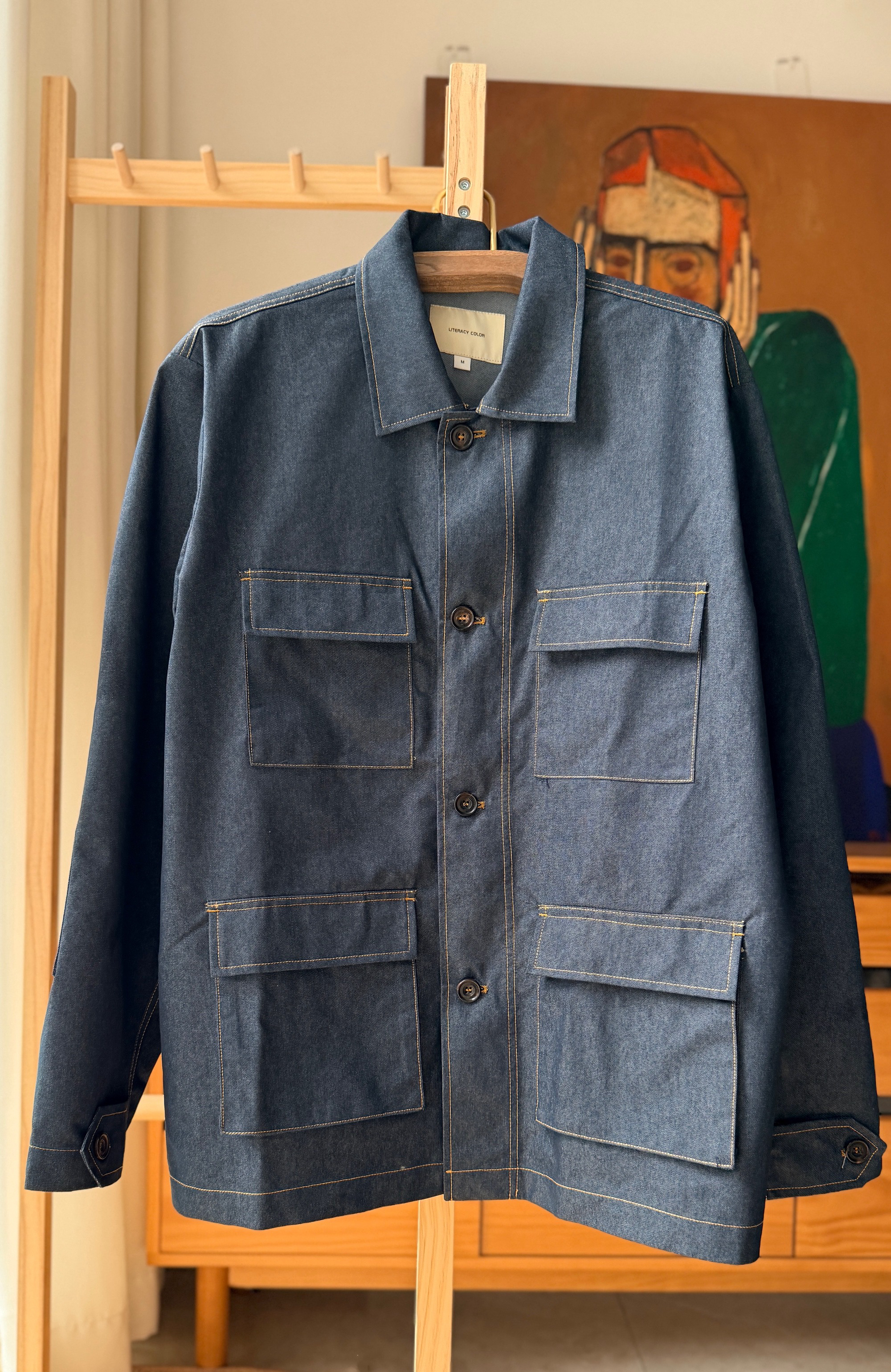 秋季日系工装风多口袋翻领牛仔洗水长袖外套