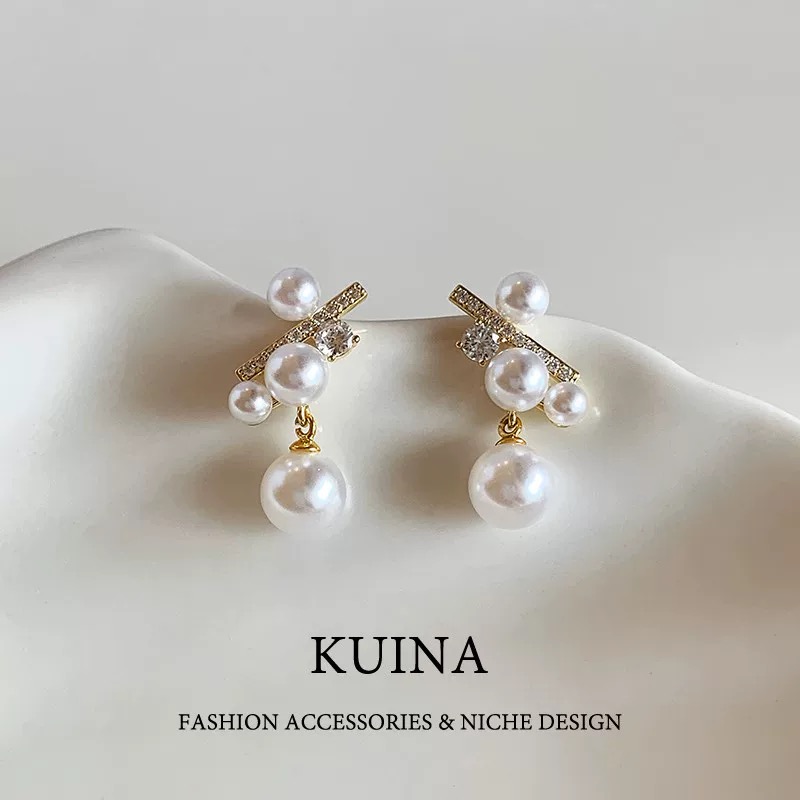 925银耳饰 镀K针 9.25银针6号平衡木多珠耳环