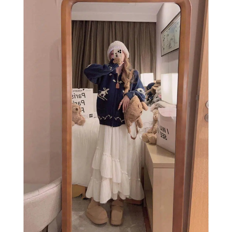 韩系甜美米白色拼接加绒蛋糕裙半身长裙女冬韩系宽松荷叶边仙女裙