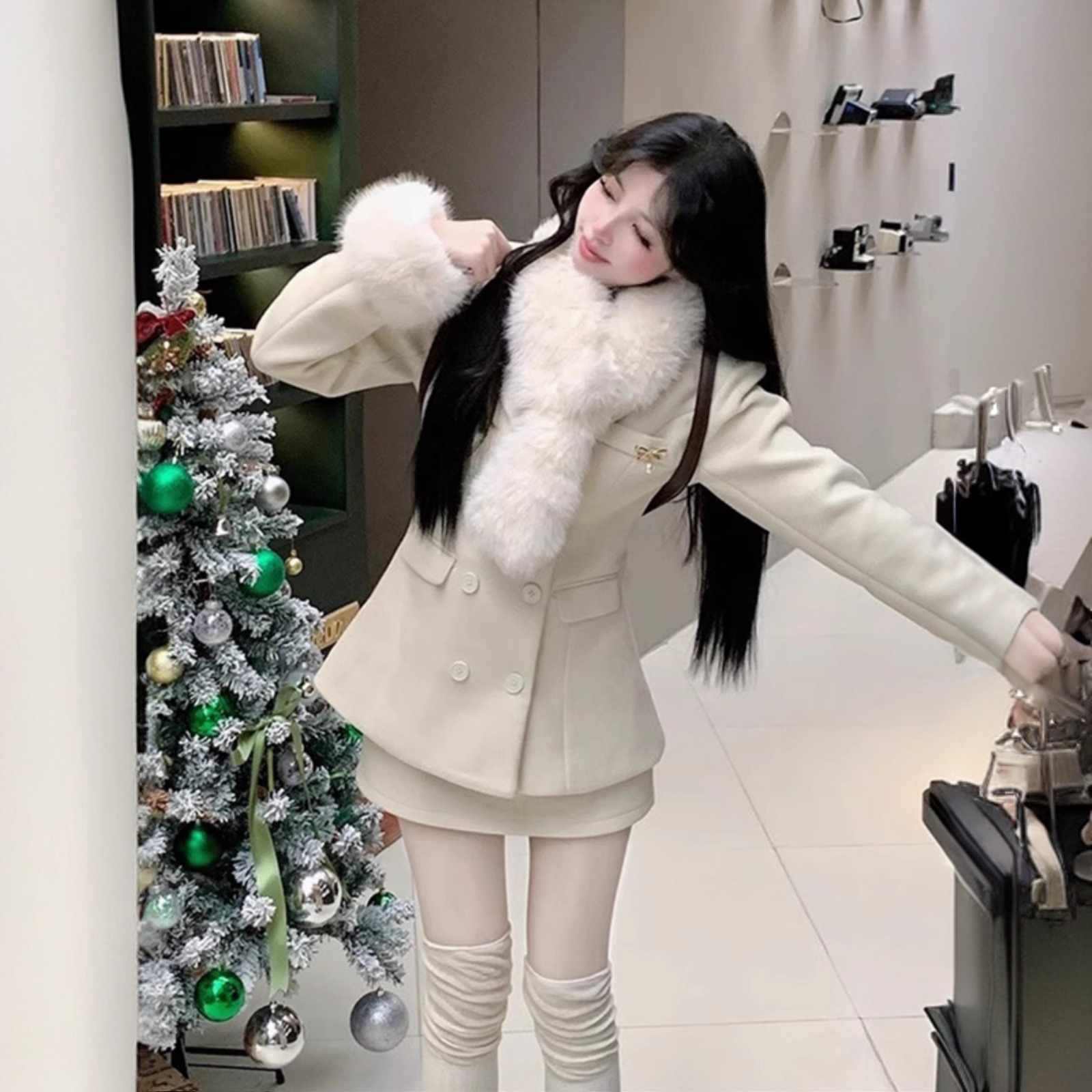 时尚千金小香风外套半身裙两件套装收腰显瘦夹棉呢子外套女冬-1