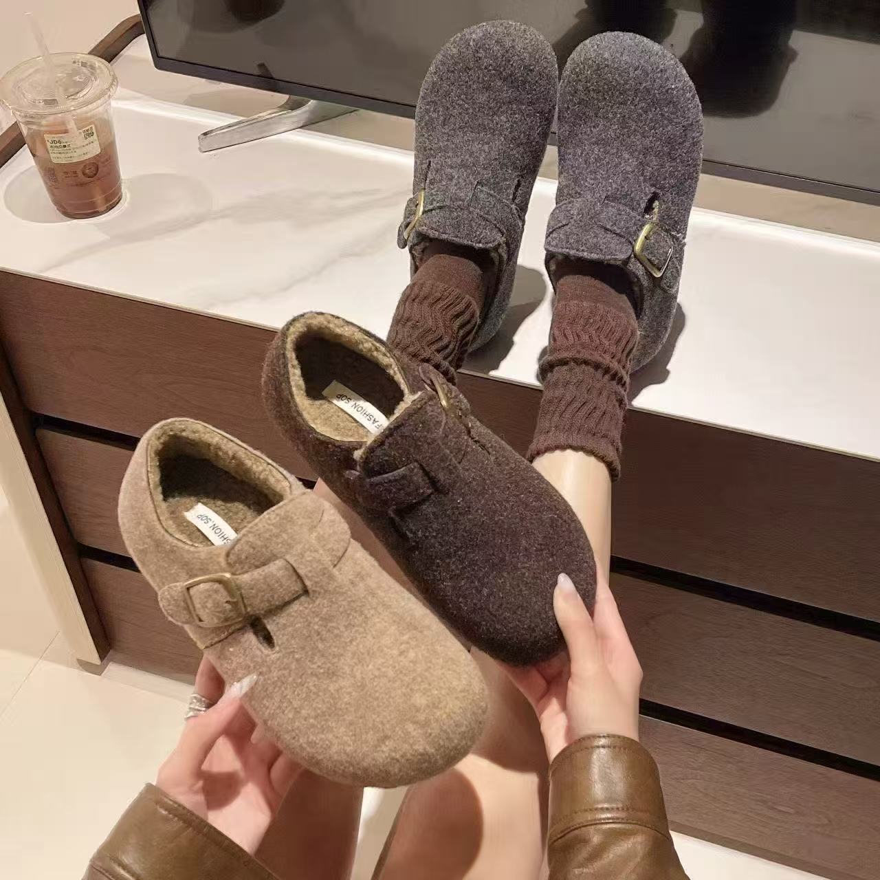 厚底灰色毛呢全包勃肯鞋女欧美新款秋冬一脚蹬加绒豆豆鞋博肯棉鞋