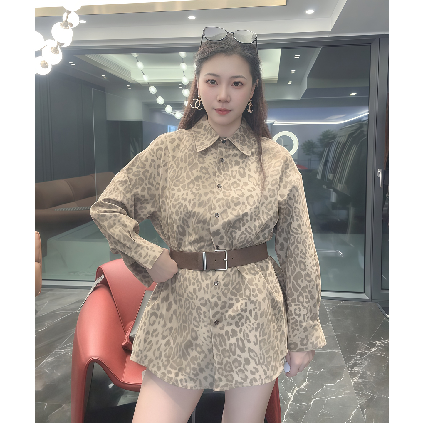 显瘦休闲风秋季常规豹纹长袖衬衫女装外套连衣裙