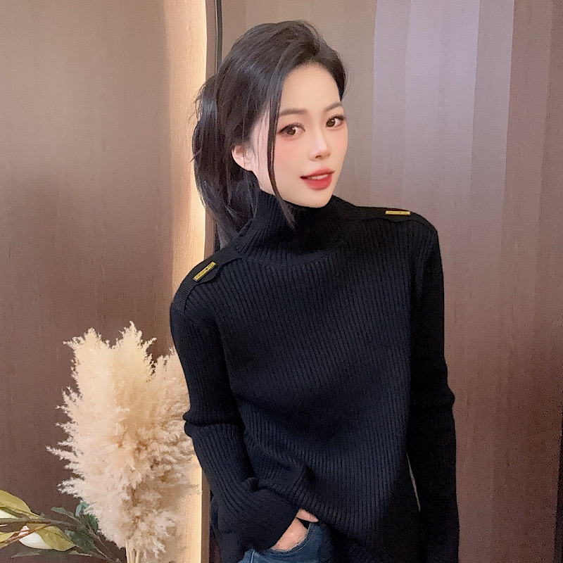 高领毛衣袖口拼格子条纹安迪绒百搭时尚打底衫