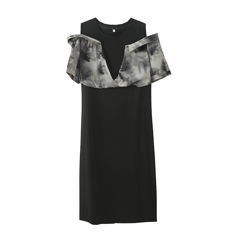 大码女装夏季假两件洋气连衣裙2025新款露肩设计感裙子272895
