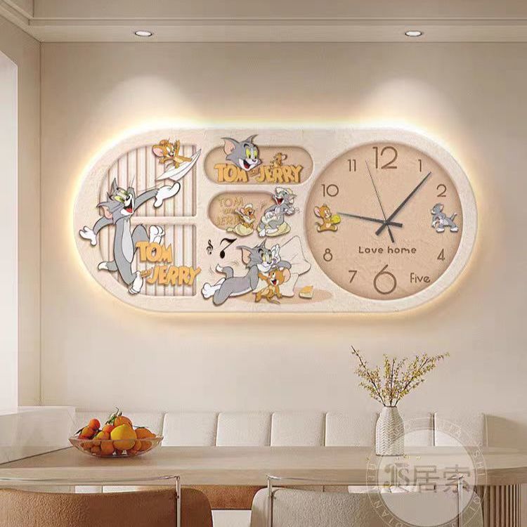新款猫和老鼠餐厅装饰画钟表挂钟餐桌饭厅网红房间布置用品q31