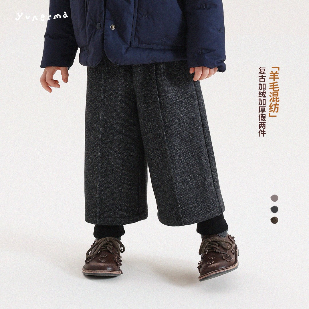 宝宝冬季绵羊毛混纺假两件加绒毛呢裤允儿妈女童加厚阔腿裤休闲裤