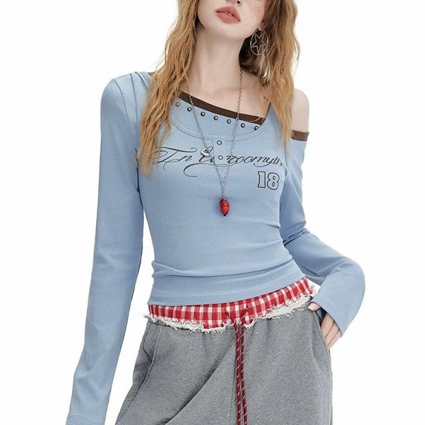 美式辣妹斜肩长袖T恤2025年秋女新款假两件收腰显瘦百搭个性上衣