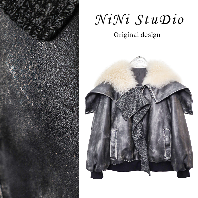 “擦色绵羊皮鹅绒服”90白鹅绒女士连帽皮毛一体鹅绒服冬季25931