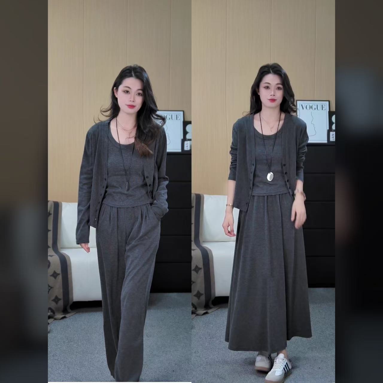 秋季三件套新款韩版休闲套装女简约宽松气质显瘦高级感半身裙套装