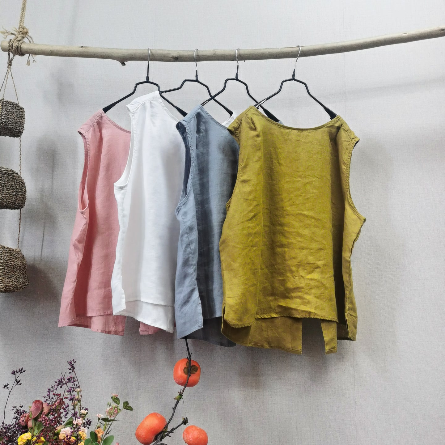 儒品素衣9919亚麻圆领净版宽肩背心