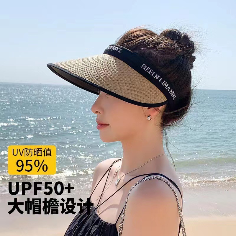 空顶uv防晒帽女防紫外线大帽檐沙滩遮阳草帽骑车防晒遮脸太阳帽子