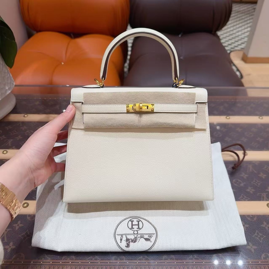 99新 Hermes/爱马仕 kelly 25 奶油白 金扣 E 皮 U 刻