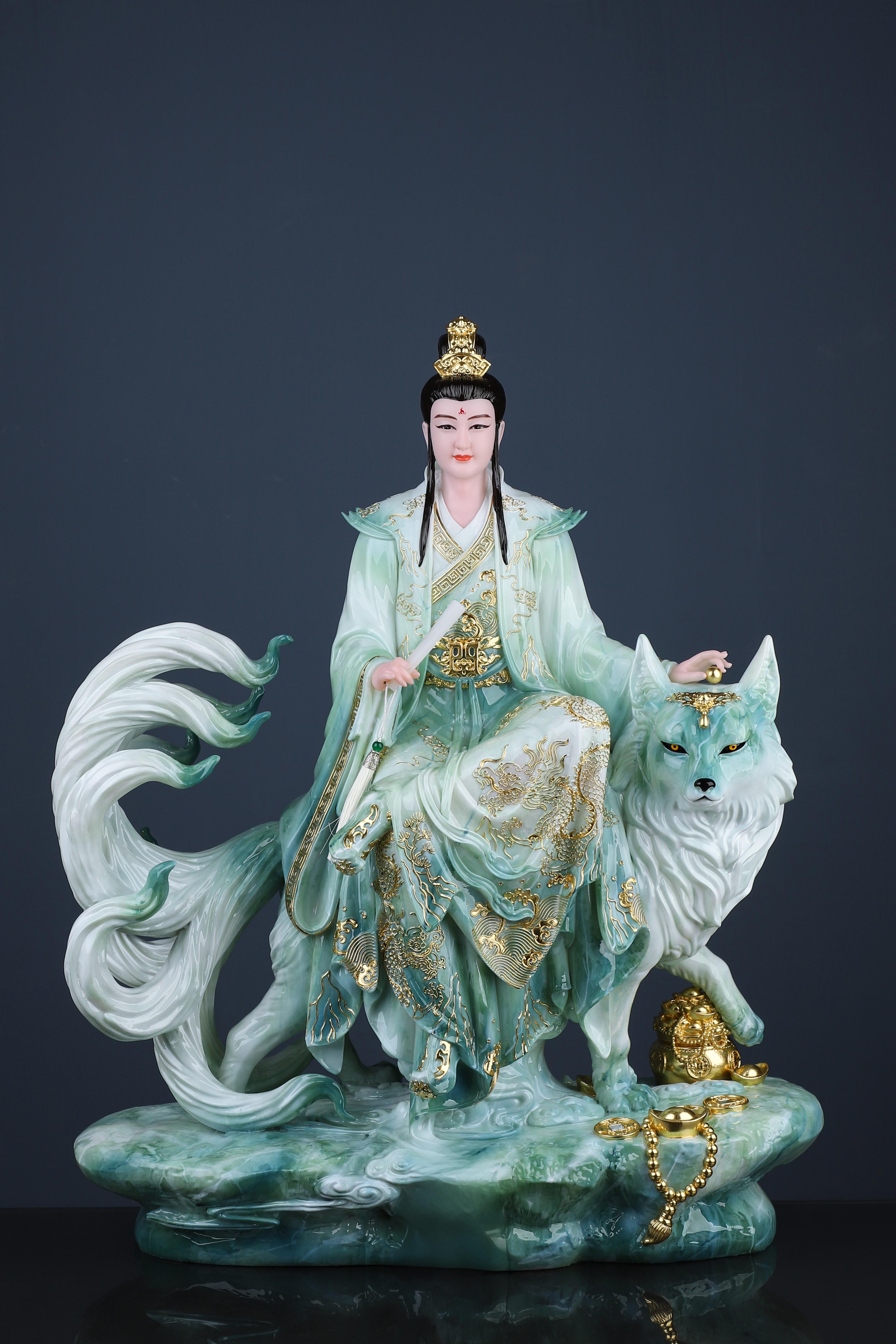 合成汉白玉九尾狐造像九尾天狐尊像摆件中式佛堂佛像新房家居饰品