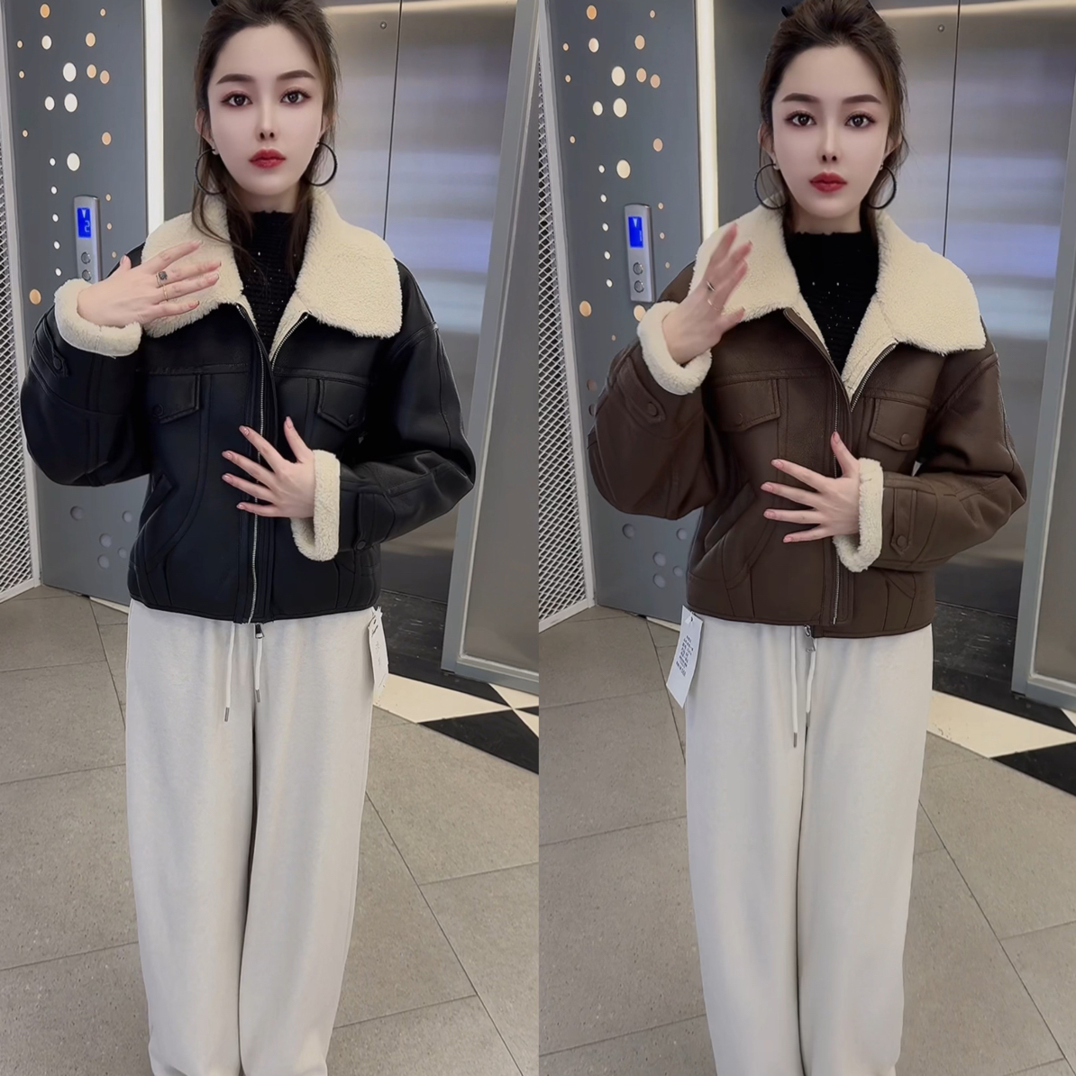 WH洋气冬季保暖百搭简约毛毛翻领加绒加厚百搭款外套女25616