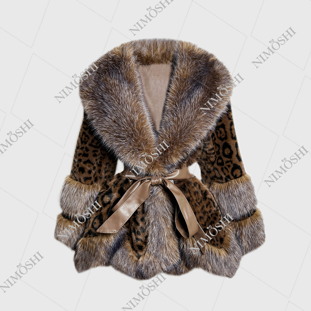 人造皮草 NIMðSHI【莎莎】韩系豹纹腰带轻奢时尚百搭毛毛外套L5132