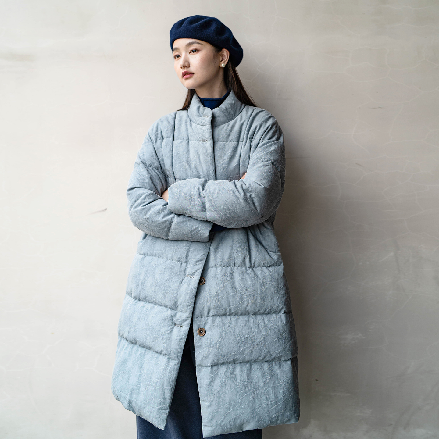 言作冬新品高质法国亚麻提花95白鸭绒长款羽绒服 霭霭然