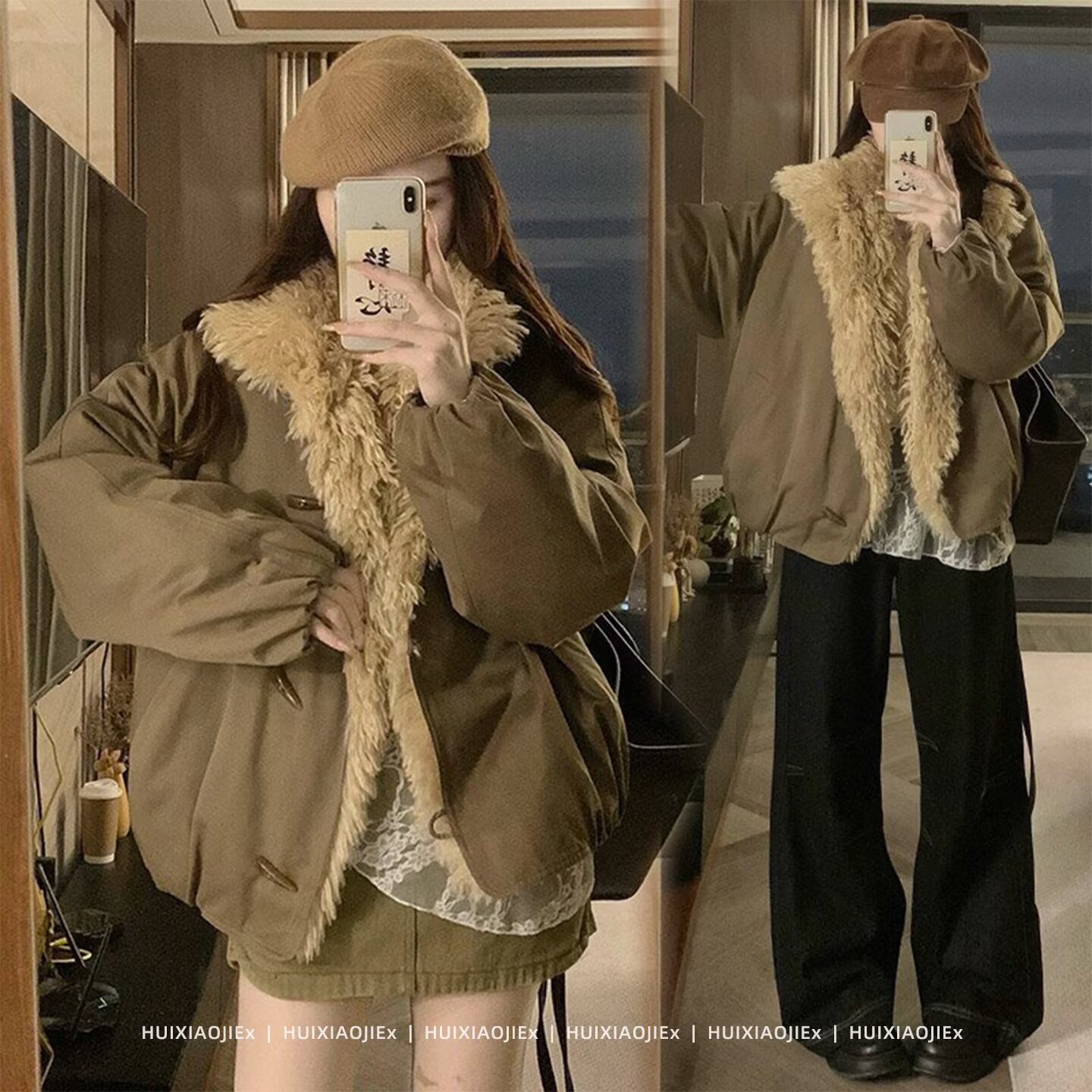 美式复古羊羔毛翻领外套男女秋冬新款短款休闲宽松拼接加厚棉衣