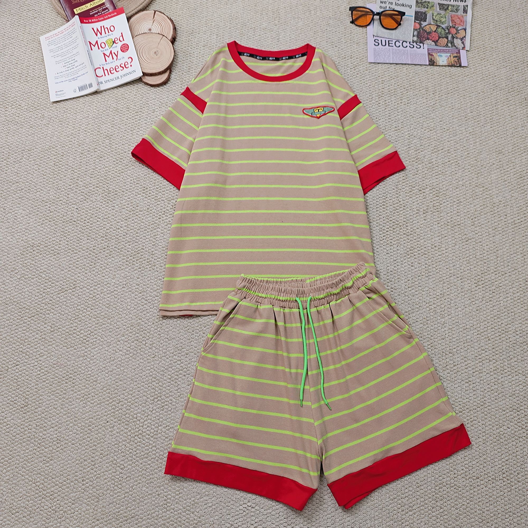 2025夏季新款休闲宽松条纹拼色短袖套装2694