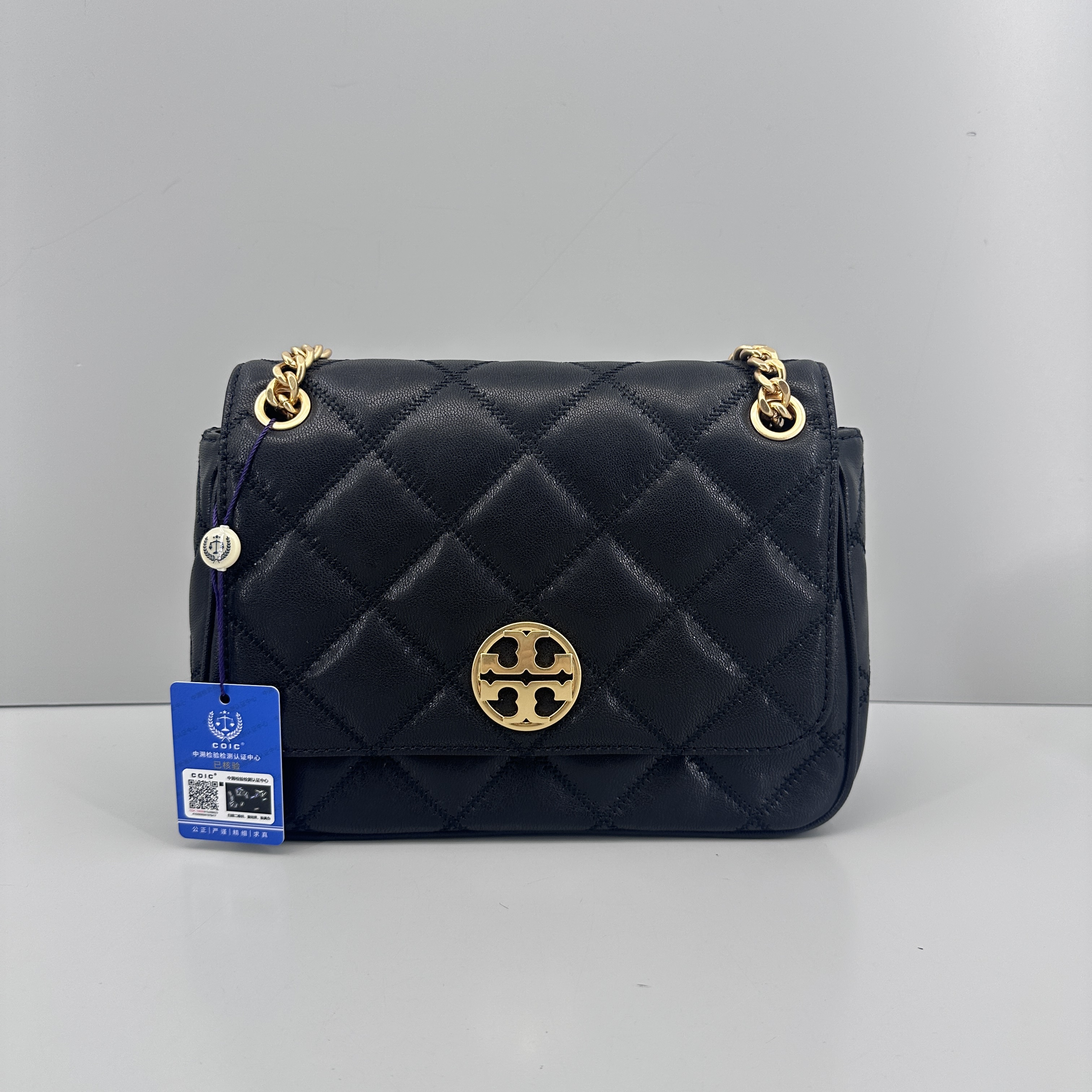 99新 TORY BURCH/汤丽柏琦 黑色中号方胖子链条包24x18x8SM052014