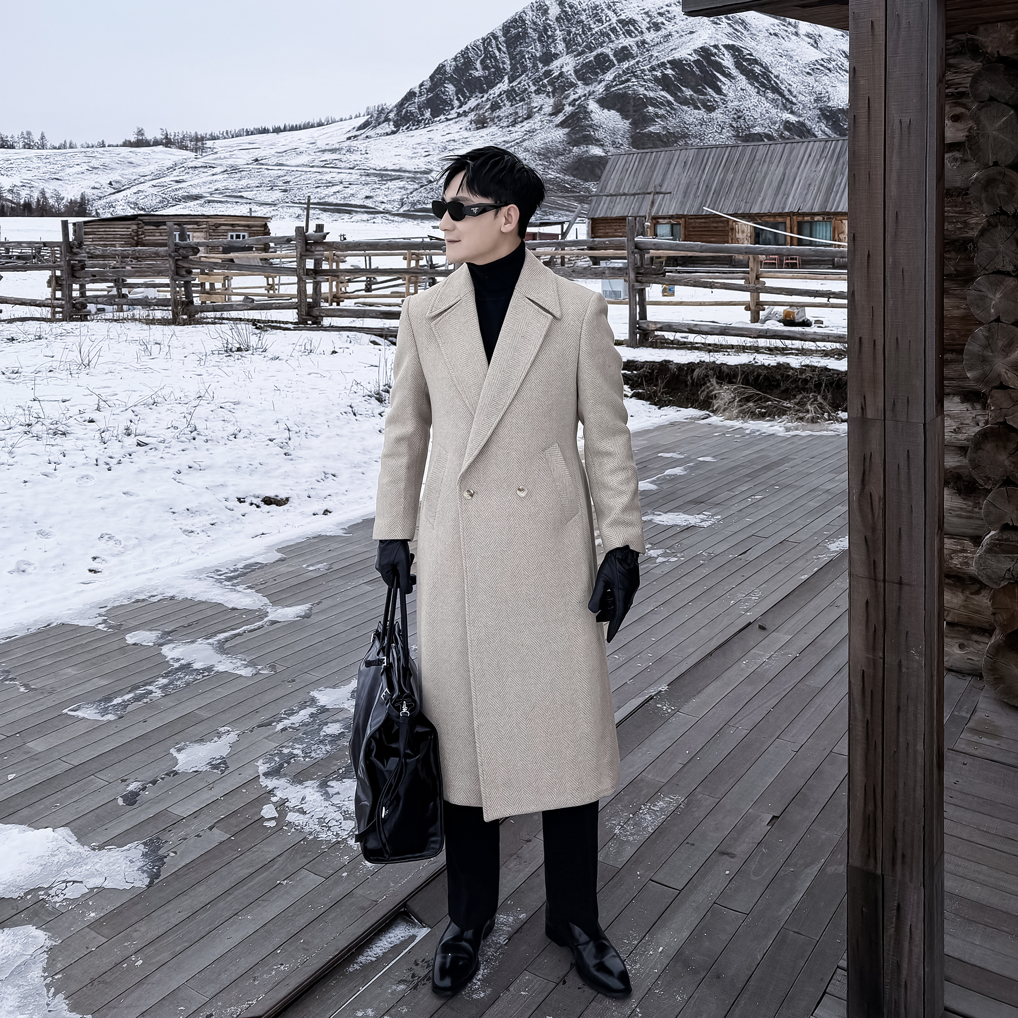 【DAIO ETHAN】【英伦圣保罗州】重磅人字纹羊毛大衣双排长款过膝大衣