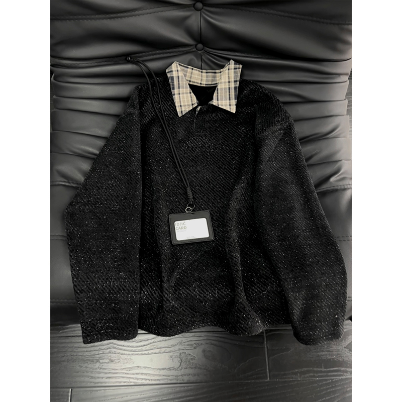 假两件衬衫领卫衣男款秋冬季美式复古拼接格子加绒长袖内搭上衣