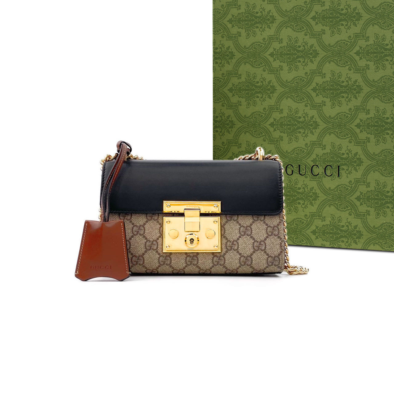 99新 GUCCI/古驰 老花padlock月光宝盒链条包 老花/黑金