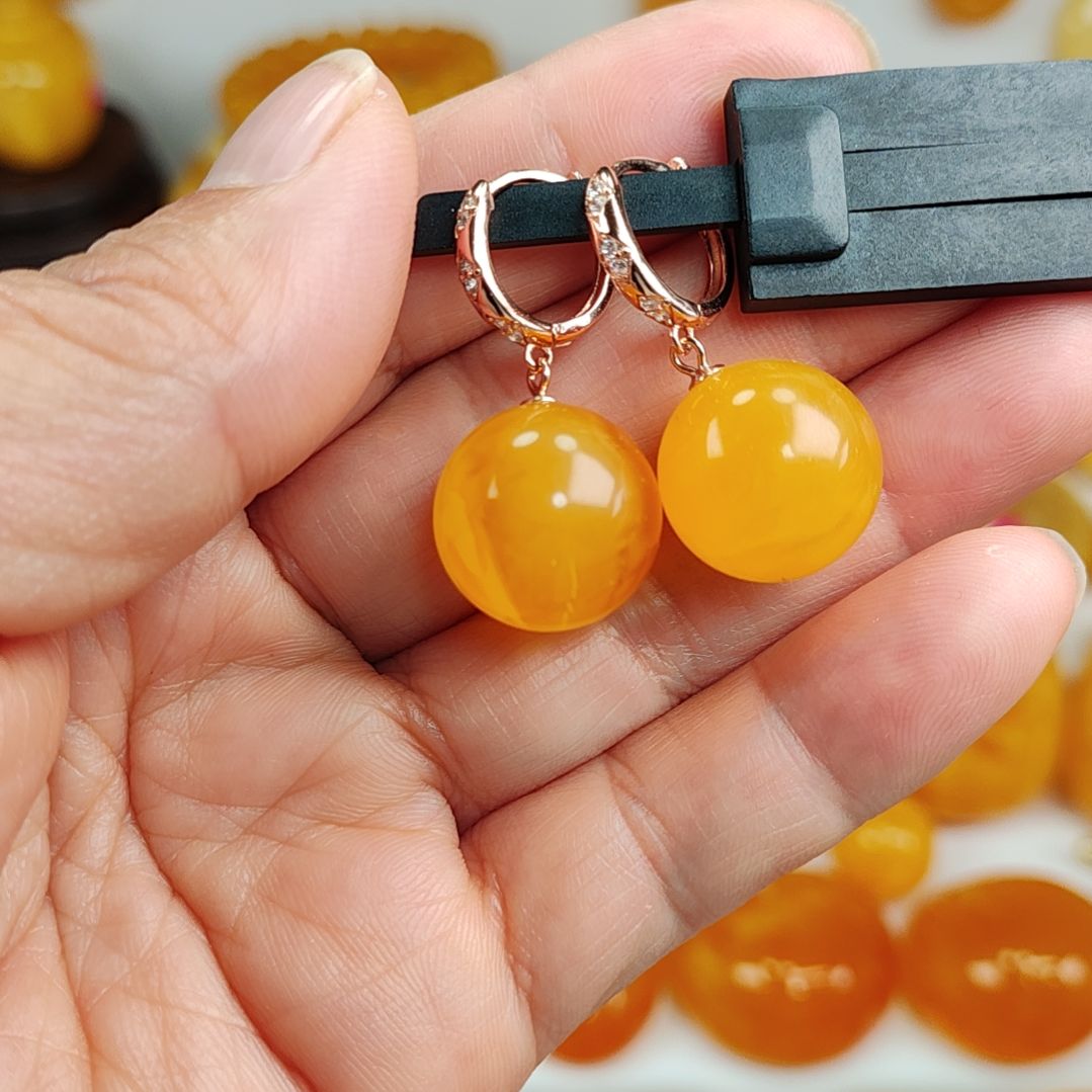 琥珀耳饰银S925镀金镶嵌