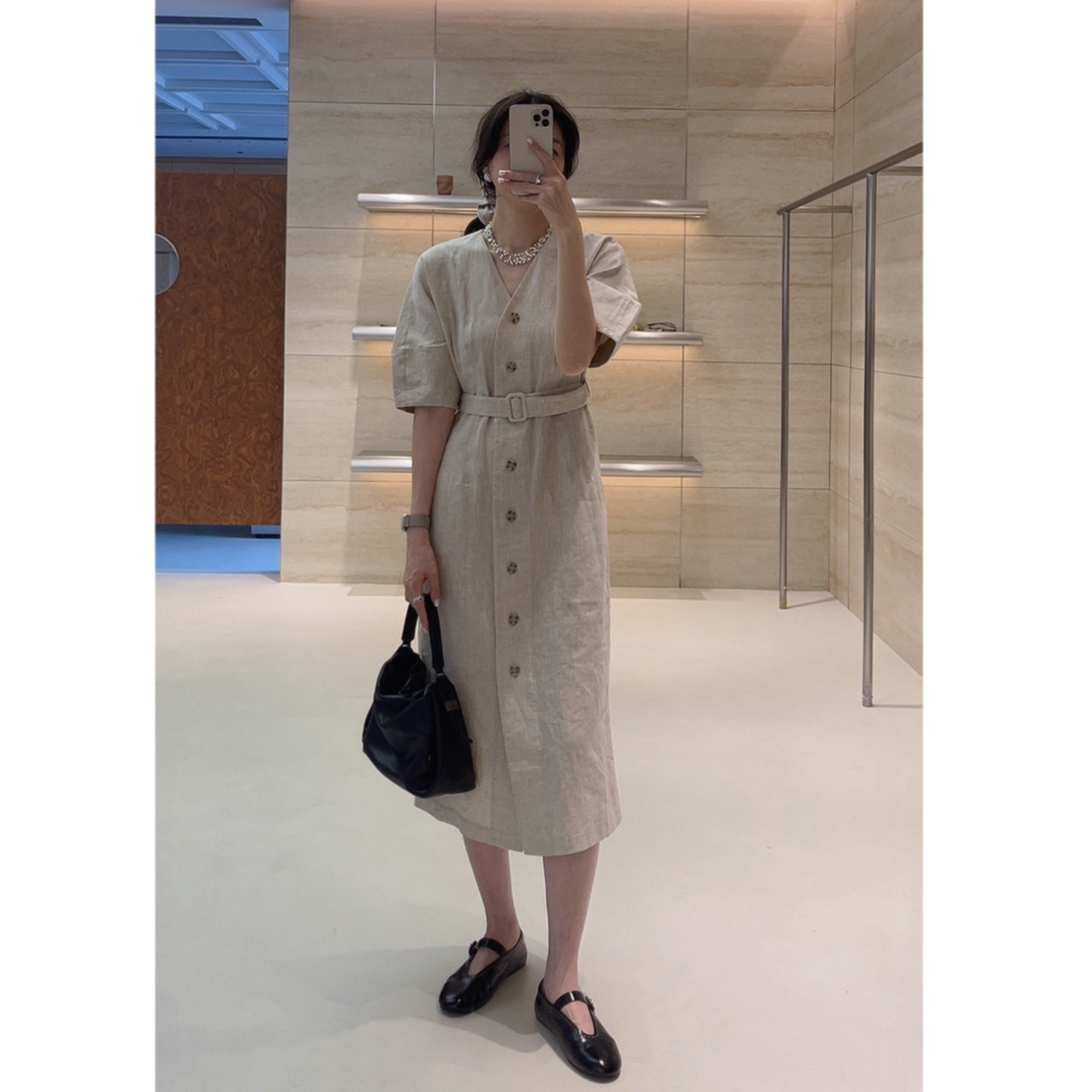 瑞瑞ANNYRUI |  意大利进口色织亚麻显瘦时尚设计感收腰连衣裙