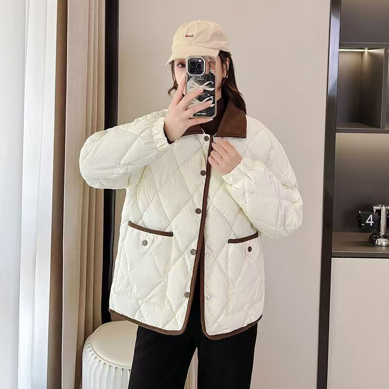 秋冬新款女士棉服拼接翻领小香风棉衣菱形格保暖外套宽松百搭棉衣