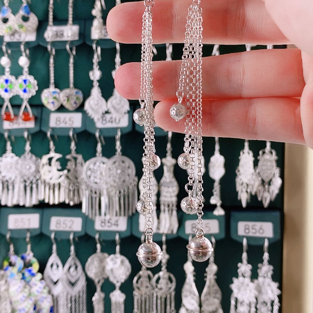 足银无铃铛流苏绣球耳环足银材质