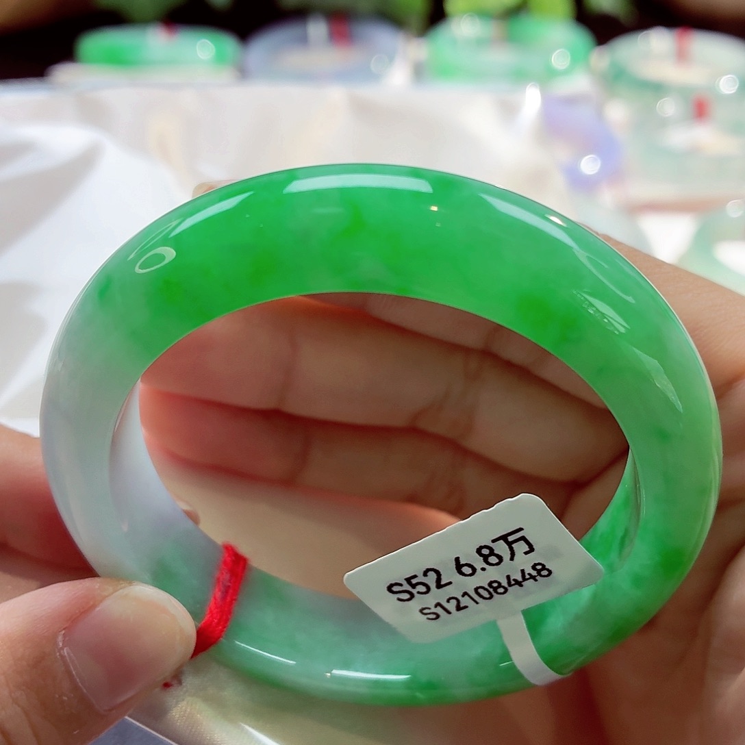 翡翠未镶嵌手镯白底青浓阳绿高货68-02