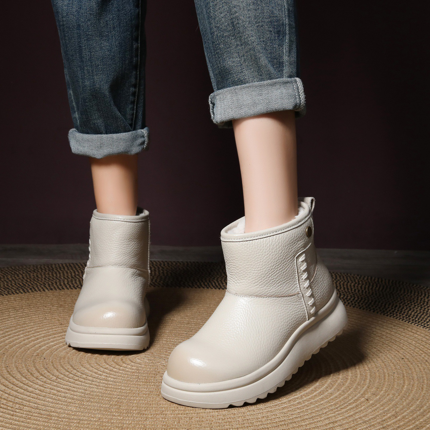 2025冬季新款内加绒加厚大棉鞋头层牛皮保暖真皮防水厚底雪地靴女