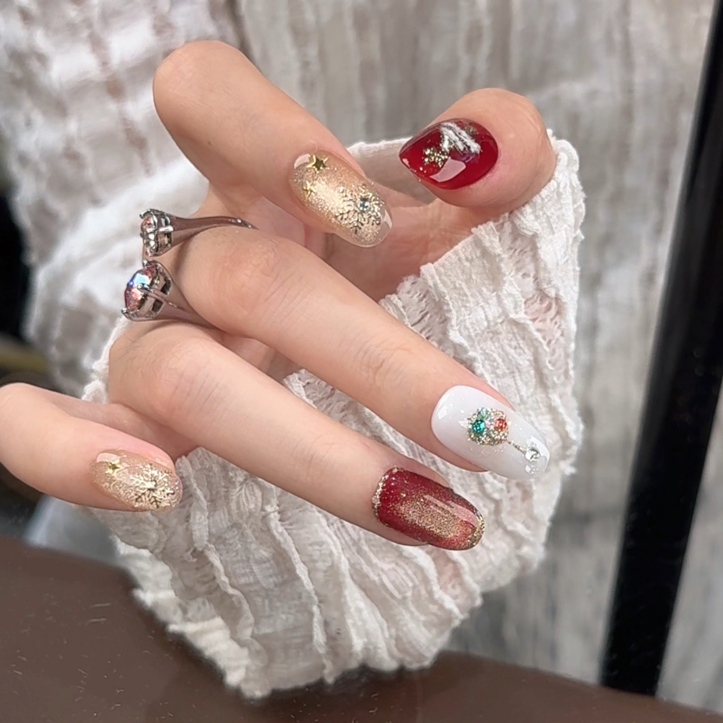 【圣诞树】圣诞节圣诞红宝石羊脂玉细闪精品显白纯手工穿戴甲